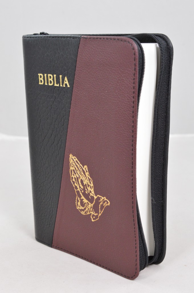 Biblia din piele, marime medie, negru/visiniu fermoar, margini albe,simbol maini in rugaciune, cuv. lui Isus cu rosu [053]