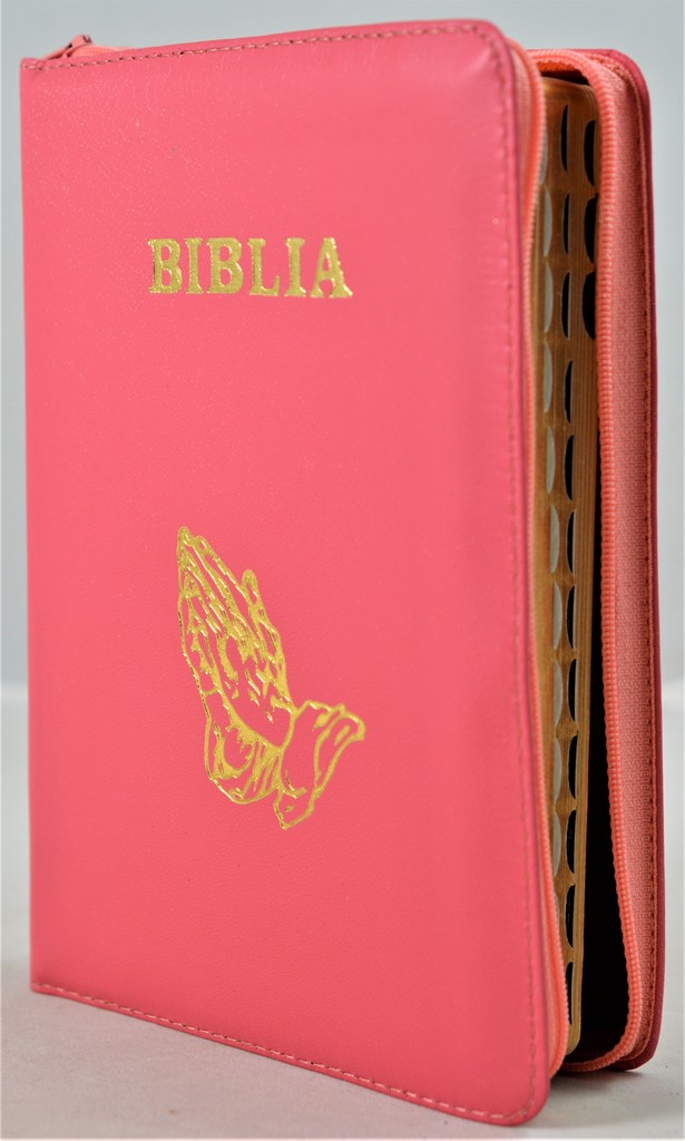 Biblie din piele, marime medie, culoare nuanta roz, simbol maini in rugaciune, fermoar, index, margini aurii, [SB 057 PFI]