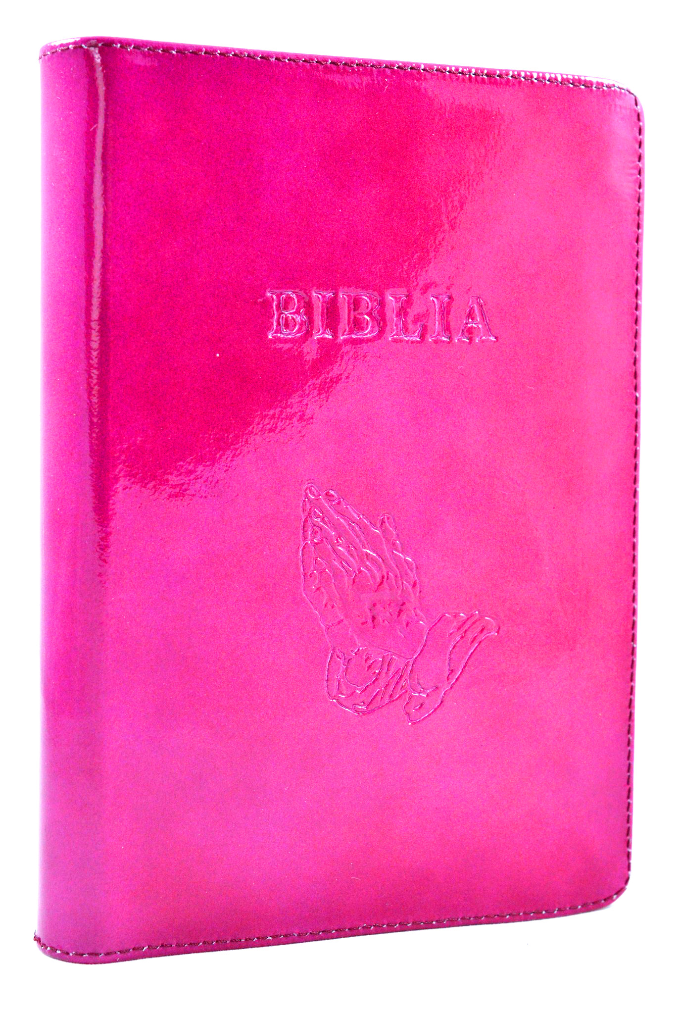 Biblia din piele, marime medie, roz lacuit, fermoar, simbol maini in ruga, cuv. lui Isus cu rosu [053]