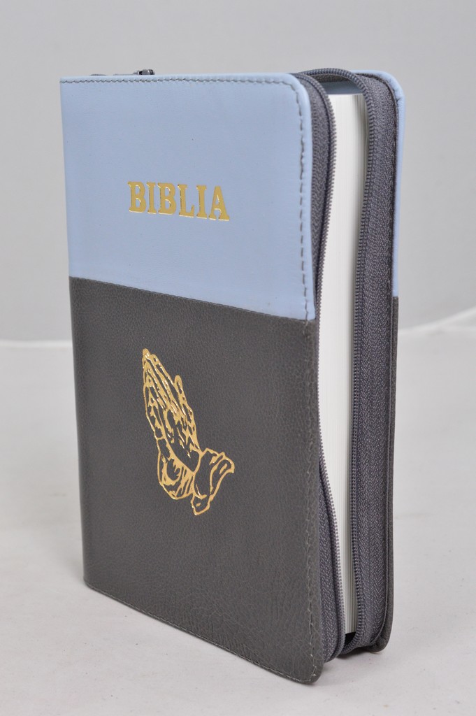 Biblia din piele, marime medie, bleumarin deschis cu gri, fermoar, simbol maini, cuv. lui Isus cu rosu [053]