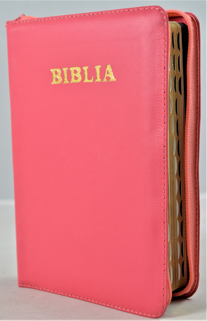 Biblie din piele, marime medie, nuanta roz, fermoar, index, margini aurii, cuv. lui Isus cu rosu [SB 057 PFI]