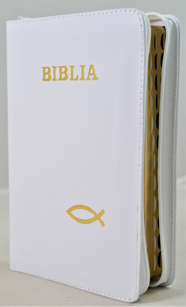Biblie din piele, marime medie, culoare alba, simbol peste, fermoar, index, margini aurii, cuv. lui Isus cu rosu [SB 057 PFI]