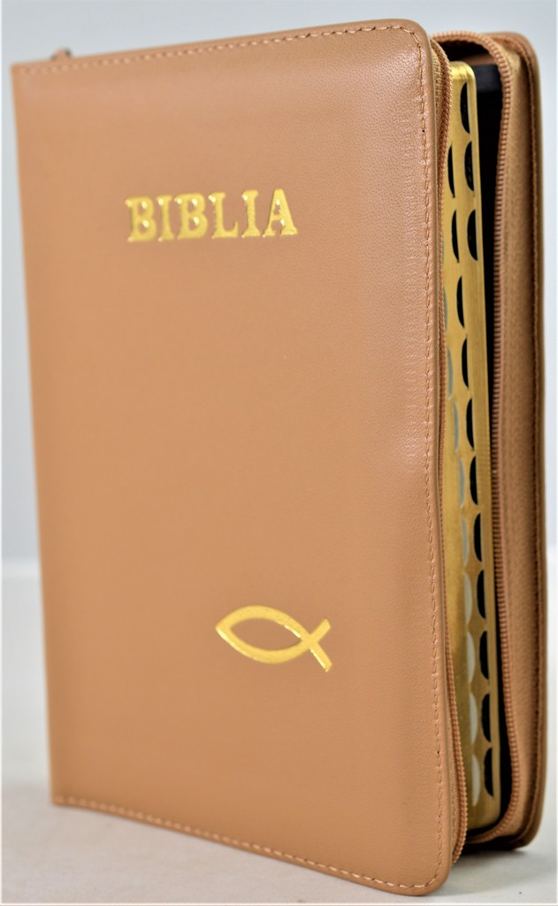 Biblie din piele, marime medie, culoare cappuccino, simbol peste, fermoar, index, margini aurii, cuv. lui Isus cu rosu [SB 057 PFI]