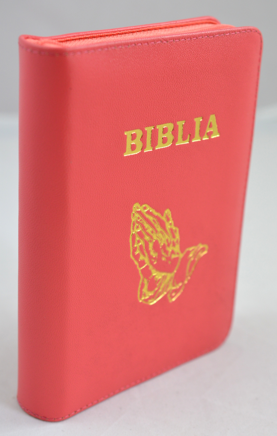 Biblia mica, piele, fermoar, caramizie, cu maini, cuv. lui Isus cu rosu [043 A]