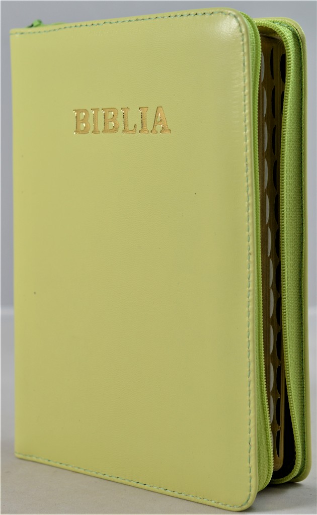Biblie din piele, marime medie, verde deschis, fermoar, index, margini aurii, cuv. lui Isus cu rosu [SB 057 PFI]