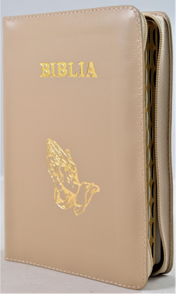 Biblie din piele, marime medie, culoare nuanta bej, simbol maini in rugaciune, fermoar, index, margini aurii, [SB 057 PFI]