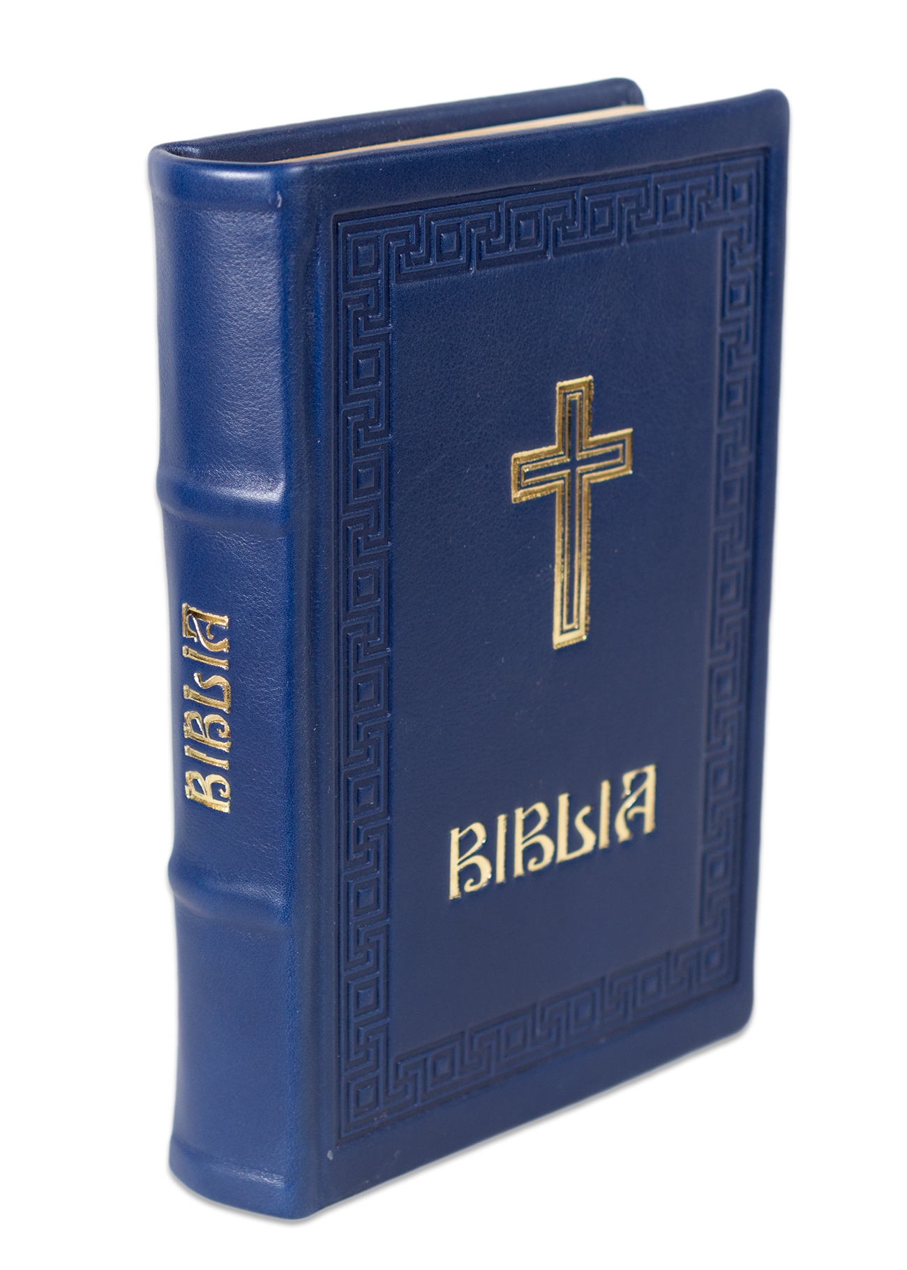 Biblia editie limitata, prelucrata manual, marime medie, bleumarin inchis , margini aurii, index, simbol cruce, cuv. lui Isus cu rosu [057 HMI]