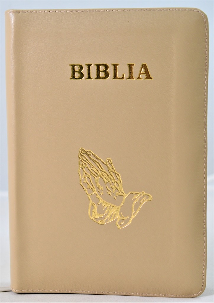 Biblie din piele, mica, culoare bej, fermoar, margini albe, simbolul maini in ruga, cuv. lui Isus in rosu [043 PF]