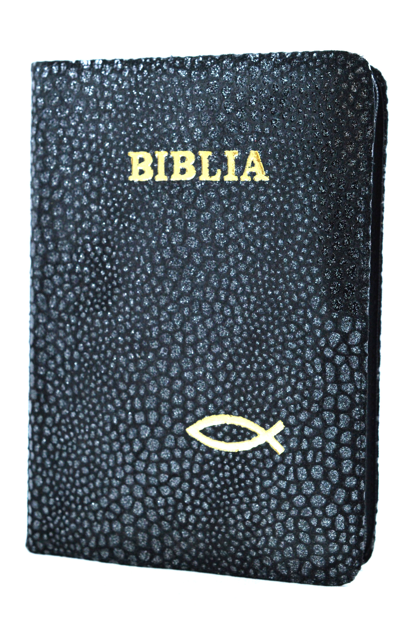 Biblia din piele, marime medie, neagra cu pete argintii, fermoar, simbol peste, cuv. lui Isus cu rosu [053]