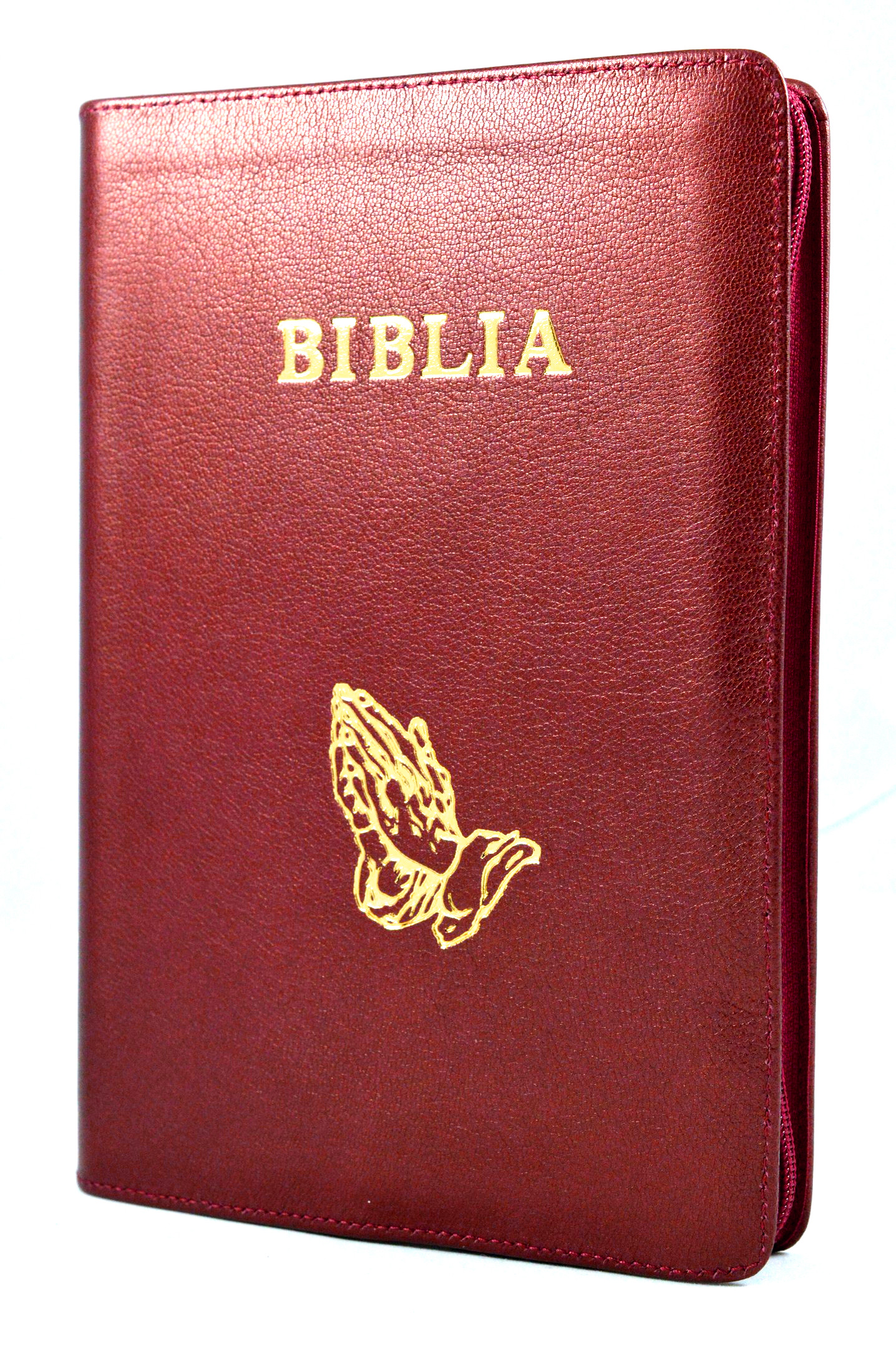 Biblia mare, coperta piele, culoare stacojie, fermoar, simbol maini [VS 073 PF]