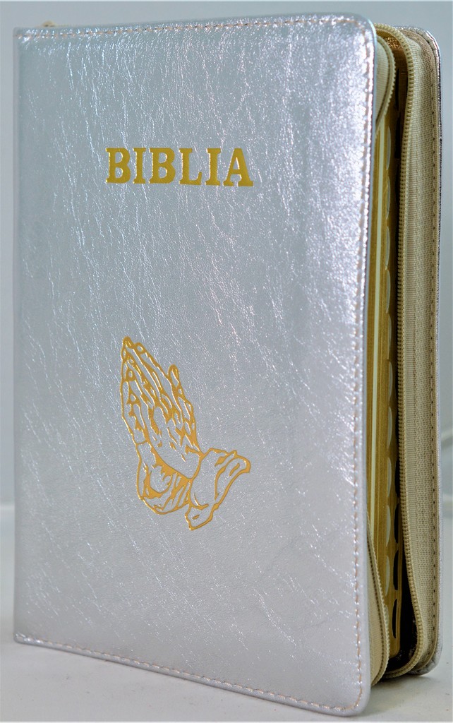 Biblie din piele, marime medie, culoare argintiu sidefat, simbol maini in rugaciune, fermoar, index, margini aurii, [SB 057 PFI]