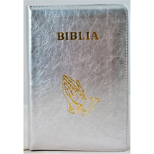 Biblie din piele, marime medie, culoare argintiu sidefat, simbol maini in rugaciune, fermoar, index, margini argintii, [SB 057 PFI]