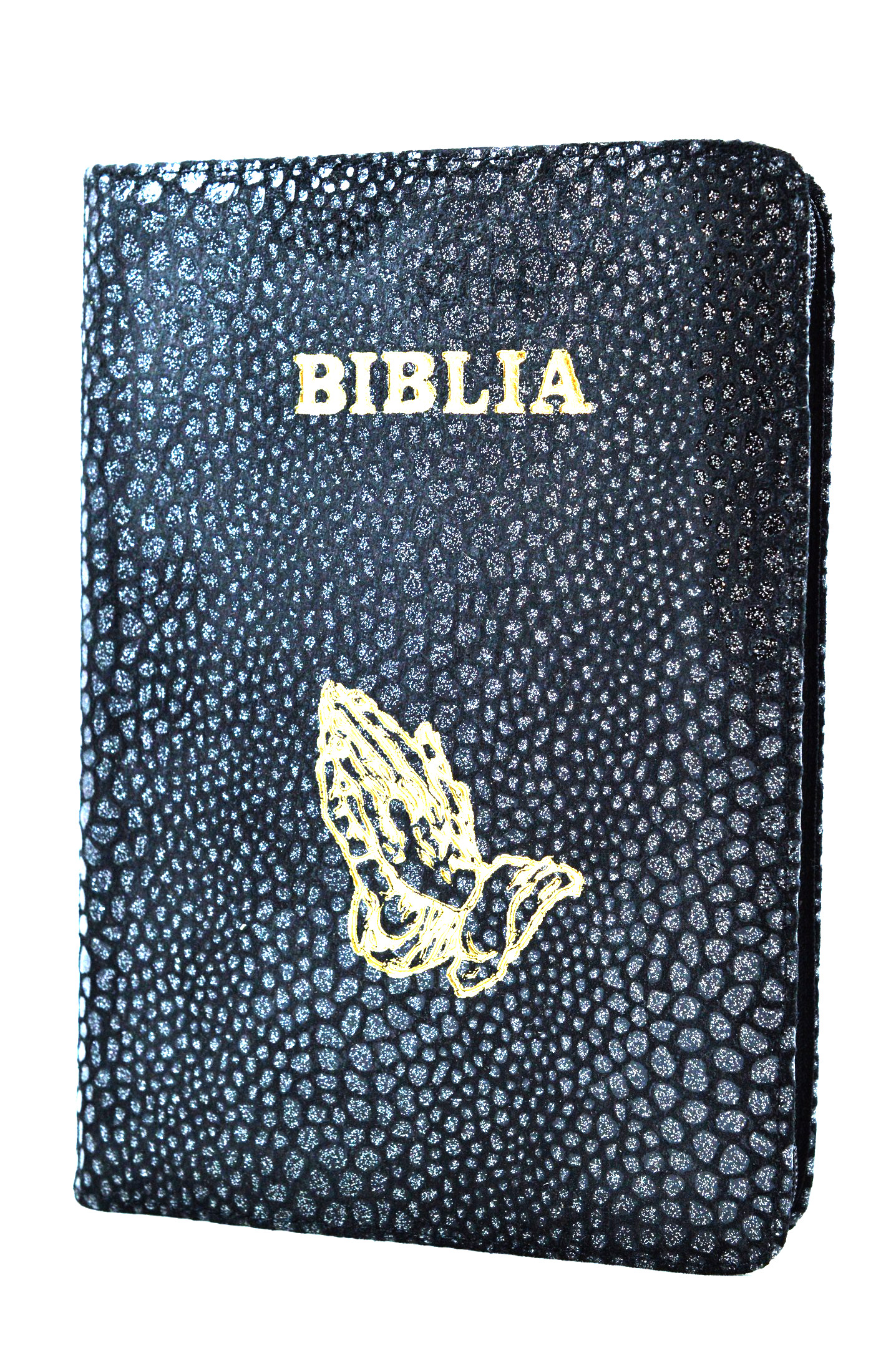 Biblia din piele, marime medie, neagra cu pete argintii, fermoar, simbol maini in ruga, cuv. lui Isus cu rosu [053]