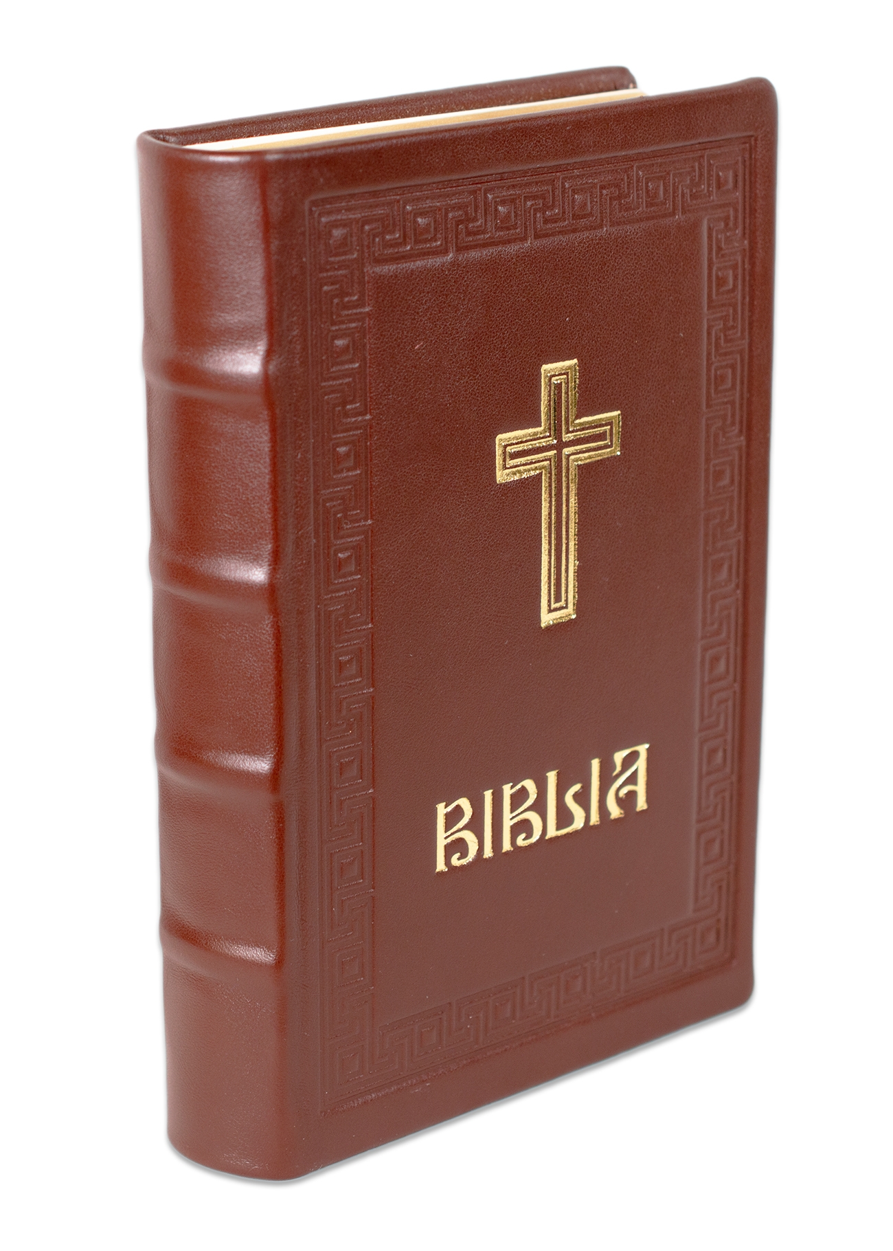 Biblia editie limitata, prelucrata manual, marime medie, maro inchis , margini aurii, index, simbol cruce , cuv. lui Isus cu rosu [057 HMI]