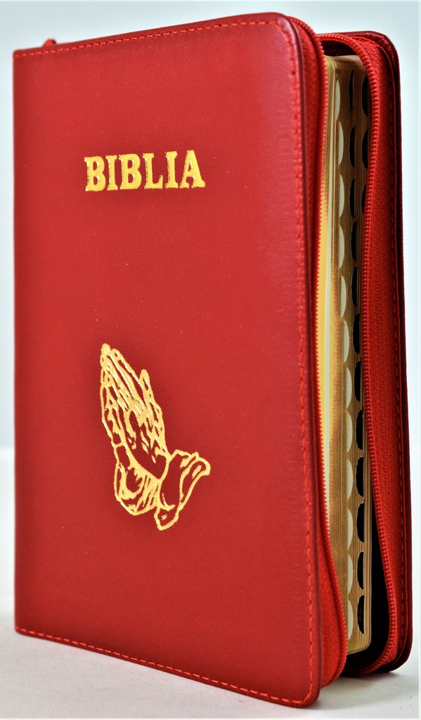 Biblie din piele, marime medie, culoare rosie, simbol maini in rugaciune, fermoar, index, margini aurii, [SB 057 PFI]
