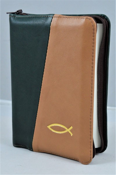 Biblie din piele, mica, maro deschis, fermoar, margini albe, simbolul peste, cuv. lui Isus in rosu [043 PF]