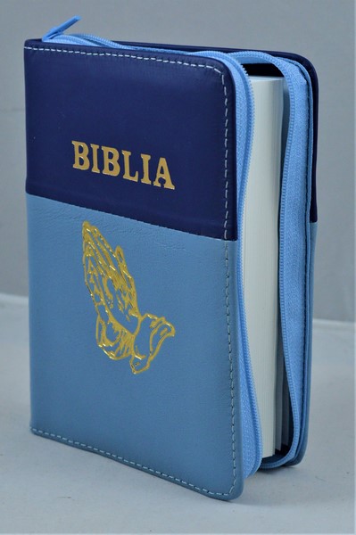 Biblie din piele, mica, mov/albastru, fermoar, margini albe, simbolul maini in ruga, cuv. lui Isus in rosu [043 PF]