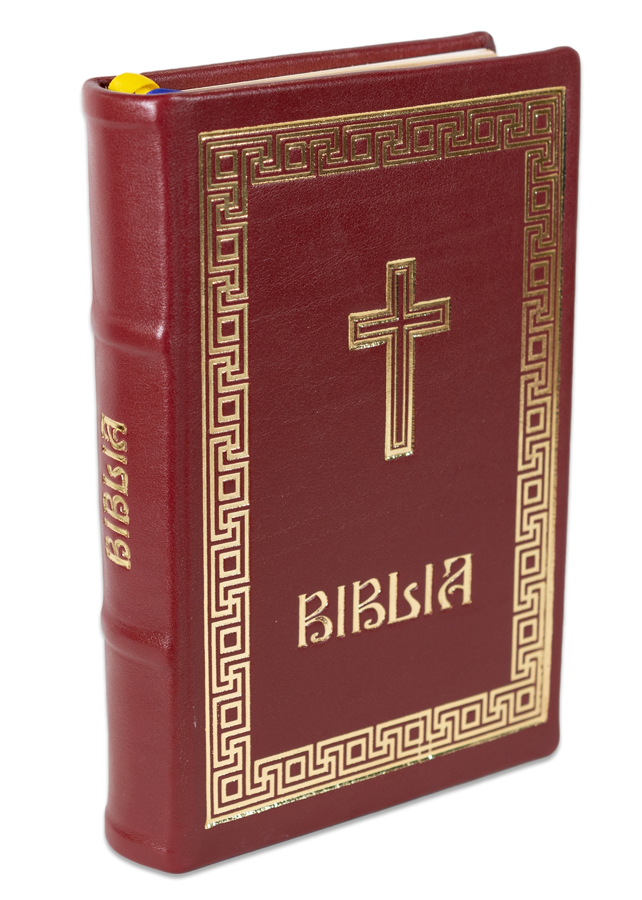 Biblia editie limitata, prelucrata manual, marime medie, visinie, margini aurii, index, simbol cruce, cuv. lui Isus cu rosu [057 HMI]