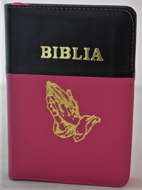 Biblie din piele, mica, negru / roz, fermoar, margini albe,simbol maini in ruga, cuv. lui Isus in rosu [043 PF]
