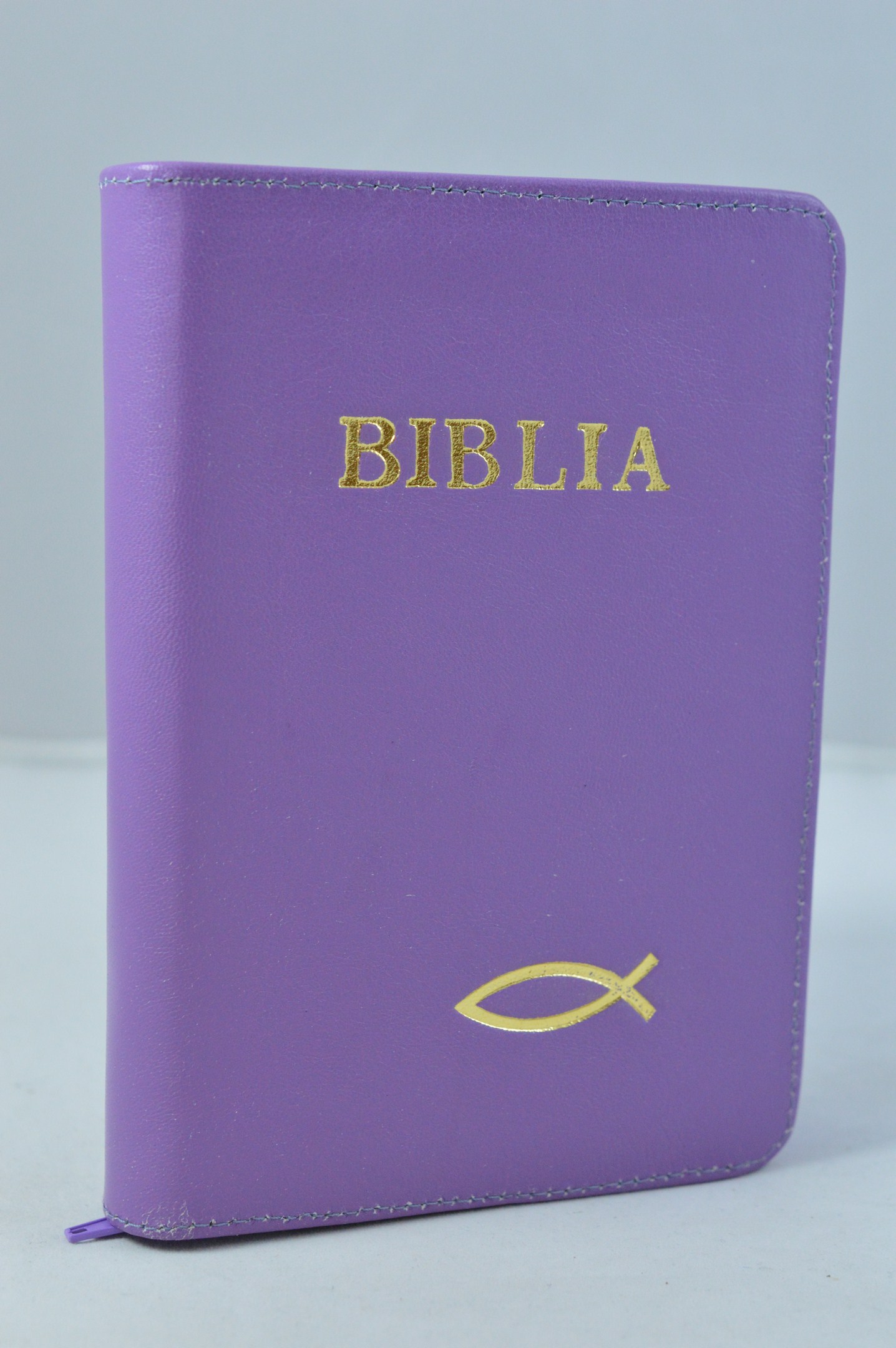 Biblie marime mica, din piele, culoare mov deschis, fermoar, simbol peste [043]