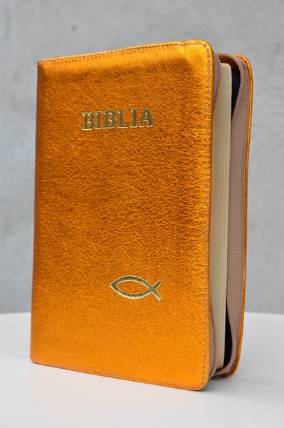 Biblia din piele, medie, portocaliu sidefat, fermoar, aurita, simbol peste, cuv. lui Isus cu rosu [052]