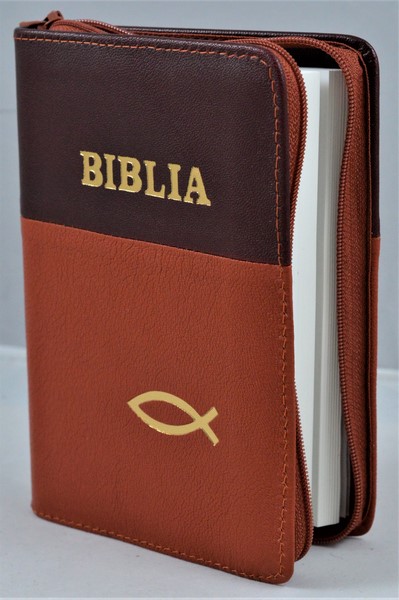 Biblie din piele, mica, visiniu/caramaziu, fermoar, margini albe, simbolul peste, cuv. lui Isus in rosu [043 PF]