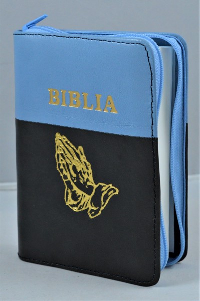Biblie din piele, mica, albastru/negru , fermoar, margini albe, simbolul maini in ruga, cuv. lui Isus in rosu [043 PF]
