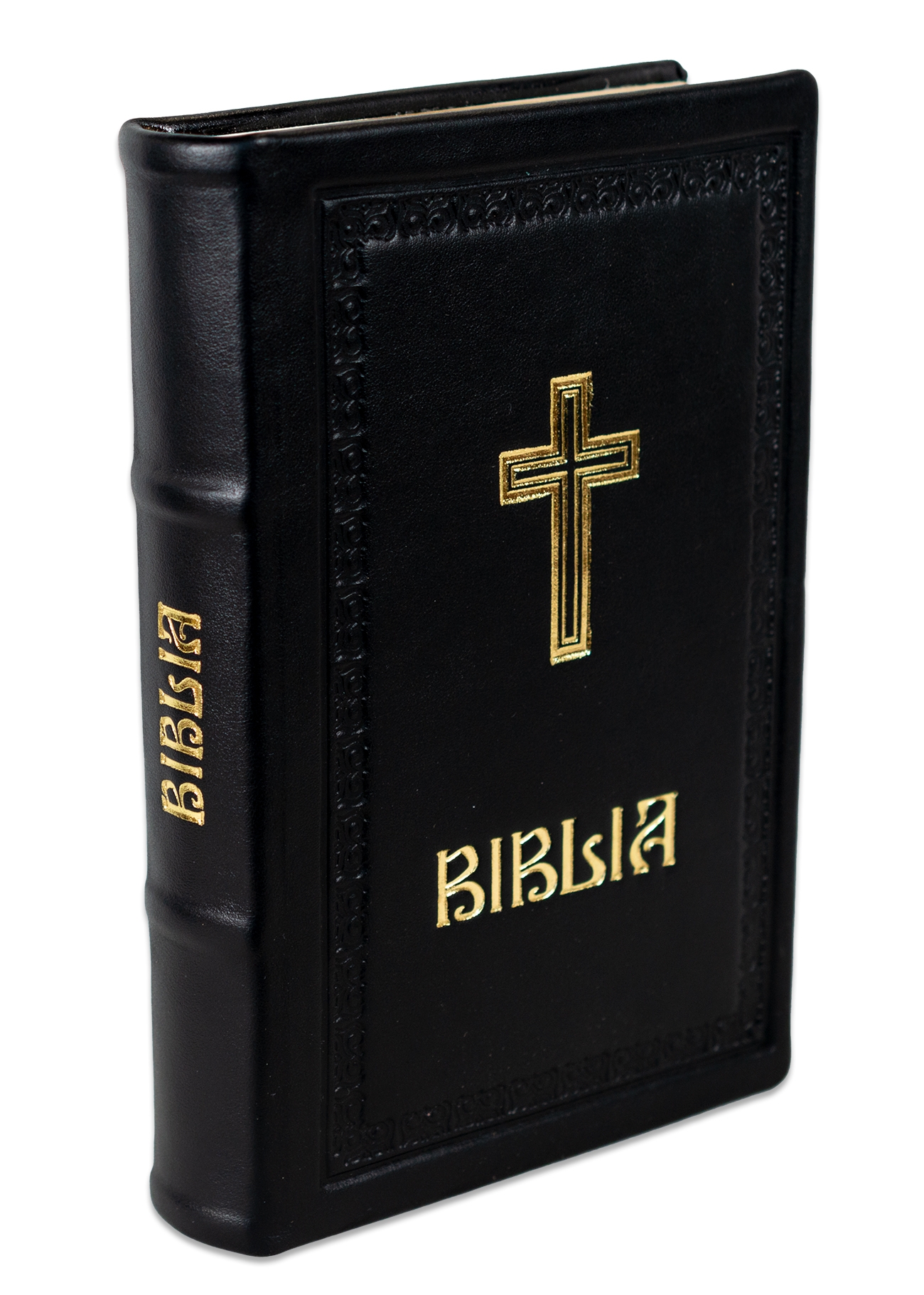 Biblia editie limitata, prelucrata manual, marime medie, neagra , margini aurii, index, simbol cruce , cuv. lui Isus cu rosu [057 HMI]