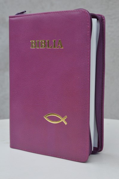 Biblia din piele, marime medie, lila, fermoar, simbol peste, cuv. lui Isus cu rosu [053]
