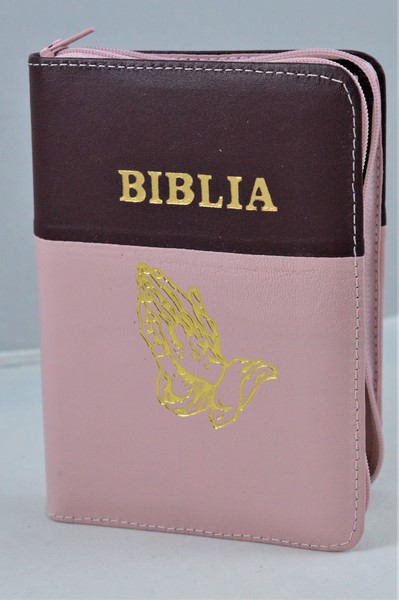Biblie din piele, mica, purpuriu/roz pal, fermoar, margini albe, simbolul maini in ruga, cuv. lui Isus in rosu [043 PF]