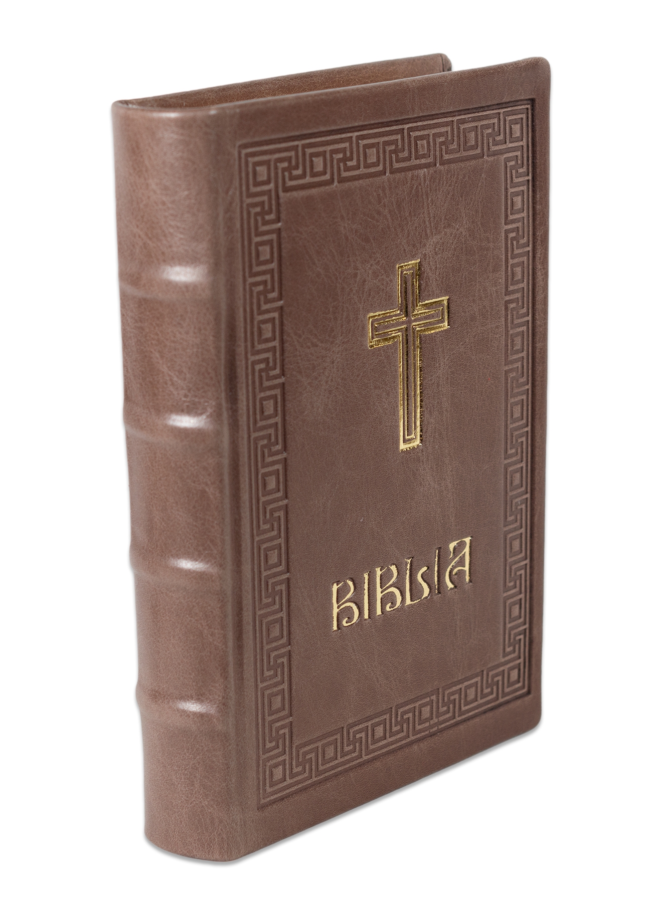 Biblia editie limitata, prelucrata manual, marime medie, maro deschis , margini aurii, index, simbol cruce , cuv. lui Isus cu rosu [057 HMI]