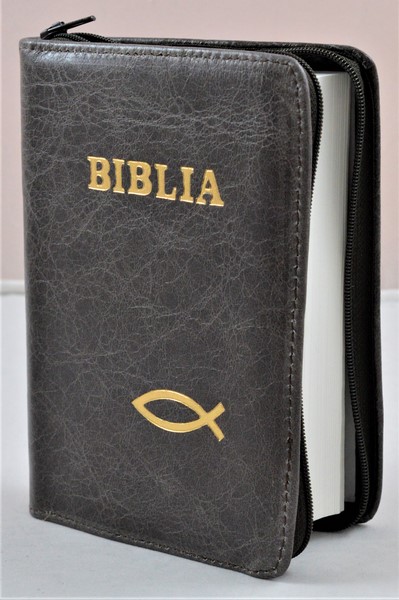 Biblie din piele, mica, maro inchis, fermoar, margini albe, simbolul peste, cuv. lui Isus in rosu [043 PF]