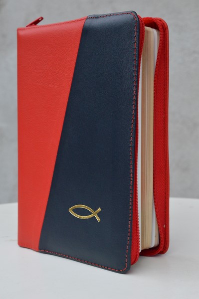 Biblia din piele, medie, rosu/albastru inchis, fermoar, aurita, simbol peste, cuv. lui Isus cu rosu [052]