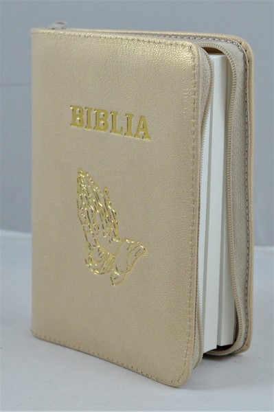 Biblie din piele, mica, crem sidefat, fermoar, margini albe, simbolul maini in ruga, cuv. lui Isus in rosu [043 PF]