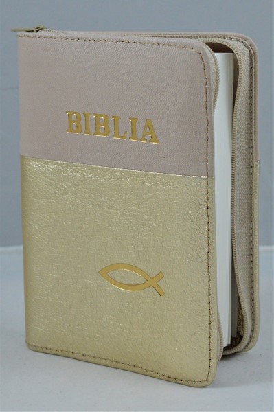 Biblie din piele, mica, bej/auriu, fermoar, margini albe, simbolul peste, cuv. lui Isus in rosu [043 PF]