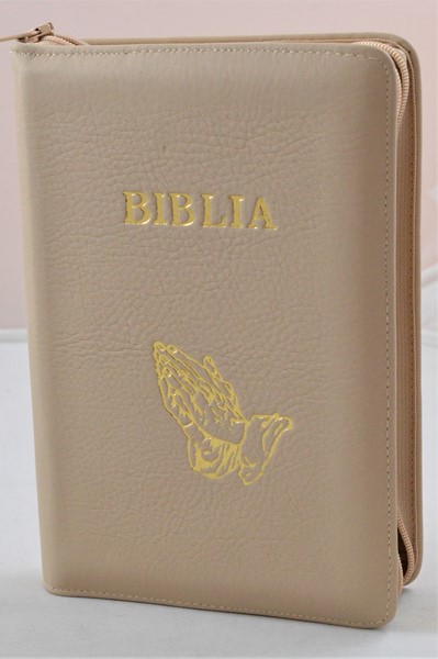 Biblia din piele, medie, crem, fermoar, aurita, simbolul maini in ruga, cuv. lui Isus cu rosu [052]