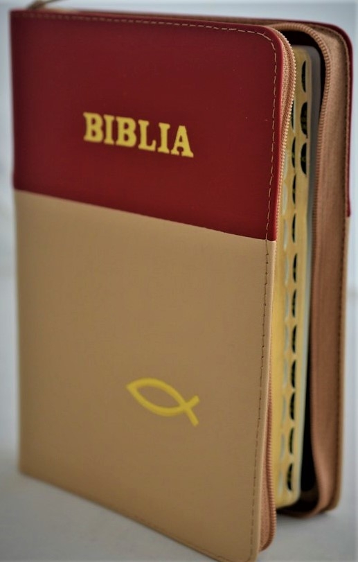 Biblie din piele, marime medie, culoare rosu-bej sidefat , simbol peste, fermoar, index, margini aurii, cuv. lui Isus cu rosu [SB 057 PFI]