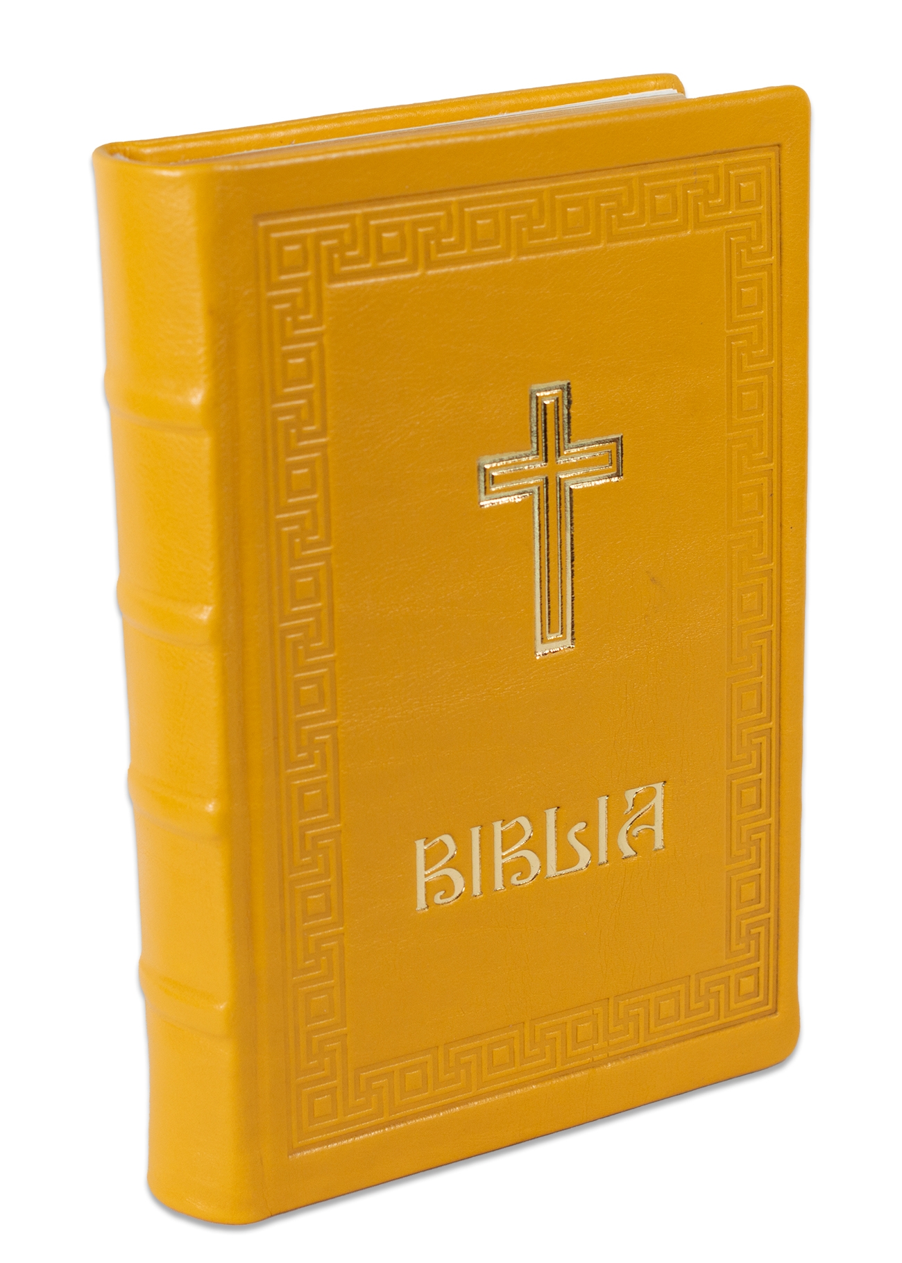 Biblia editie limitata, prelucrata manual, marime medie, galbena , margini aurii, index, simbol cruce, cuv. lui Isus cu rosu [057 HMI]