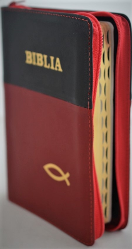 Biblie din piele, marime medie, culoare negru cu rosu , simbol peste, fermoar, index, margini aurii, [SB 057 PFI]