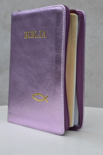 Biblia din piele, medie, mov sidefat, fermoar, aurita, simbol peste, cuv. lui Isus cu rosu [052]