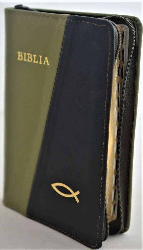 Biblie din piele, marime medie, culoare verde inchis-negru, simbol peste, fermoar, index, margini aurii, cuv. lui Isus cu rosu [SB 057 PFI]