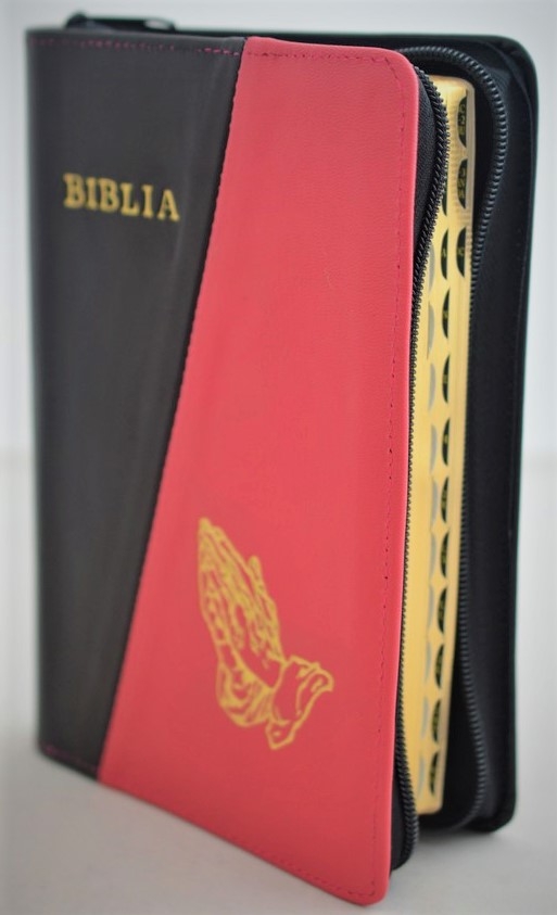 Biblie din piele, marime medie, culoare nuanta negru,roz simbol maini in rugaciune, fermoar, index, margini aurii, cuv. lui Isus cu rosu [SB 057 PFI]