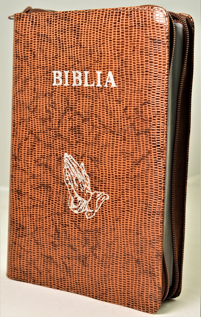 Biblia mare, din piele, maro texturat, fermoar, margini argintii, simbol - maini in ruga, cuv. lui Isus in rosu [073 PFR]