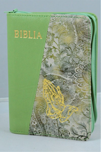 Biblie din piele, mica, verde/crem cu imprimeu, fermoar, margini albe, simbolul maini in ruga, cuv. lui Isus in rosu [043 PF]
