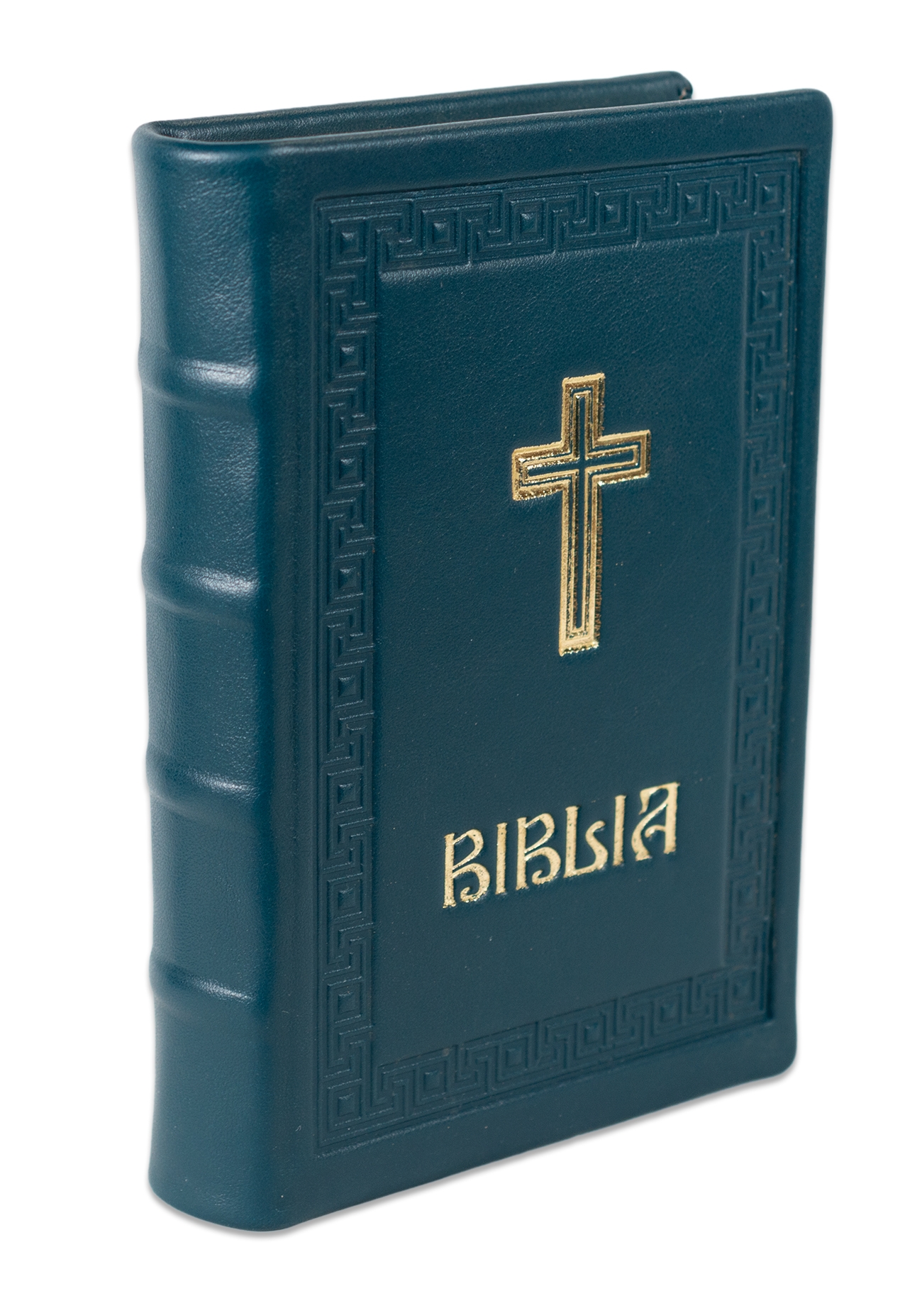 Biblia editie limitata, prelucrata manual, marime medie, turcoaz inchis , margini aurii, index, simbol cruce , cuv. lui Isus cu rosu [057 HMI]