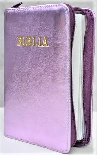 Biblie din piele, mica, mov  deschis sidefat, fermoar, margini albe, cuv. lui Isus in rosu [043 PF]