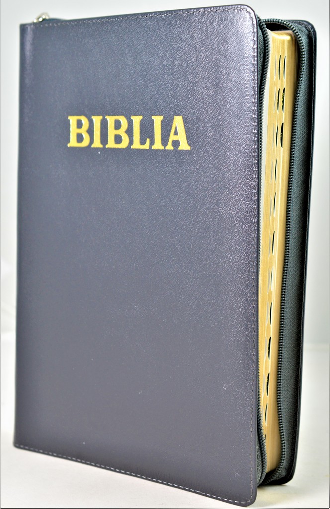 Biblia cu concordanta, foarte mare, scris foarte mare, piele, gri inchis, fermoar, index, simbol - simpla, cuv. lui Isus in rosu [083 PFI]