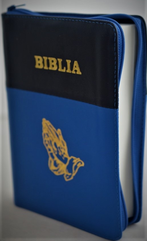 Biblia din piele, marime medie, bleumarin-albastru, fermoar, simbol maini, cuv. lui Isus cu rosu [053]