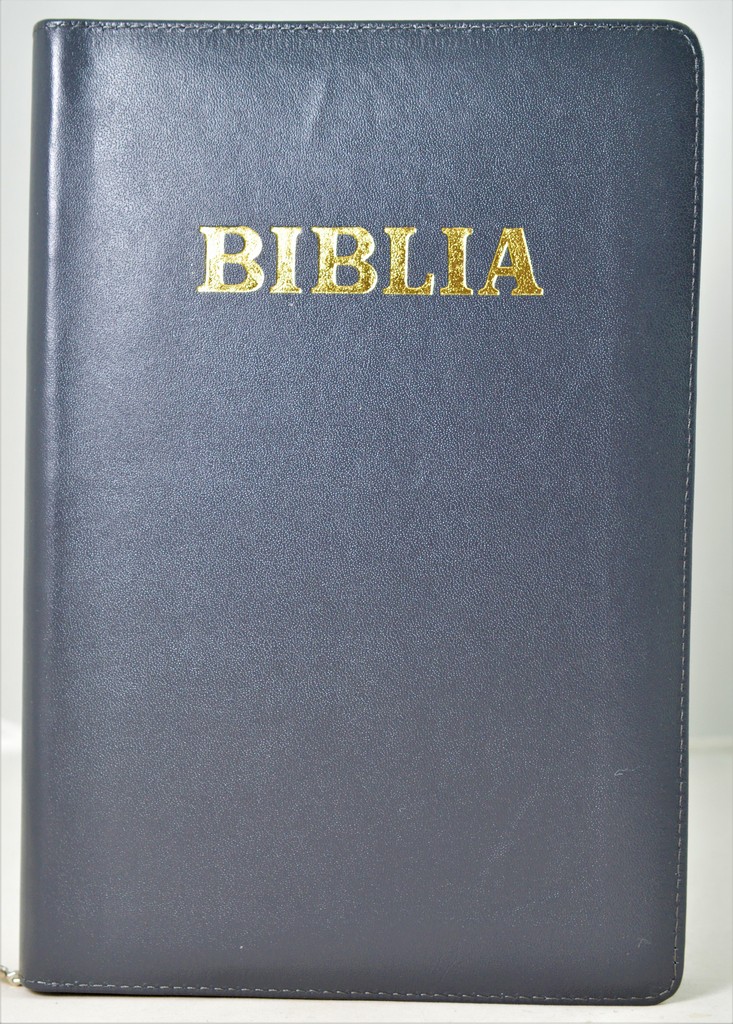 Biblia mare, din piele, culoare gri, fermoar, margini aurii, simbol - simpla, cuv. lui Isus in rosu [ SB 073 PFR]