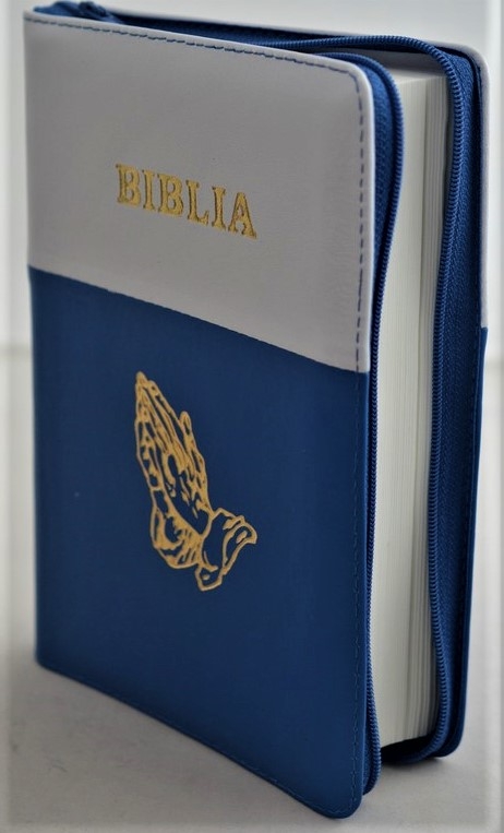 Biblia din piele, marime medie, alb-albastru, fermoar, simbol maini, cuv. lui Isus cu rosu [053]